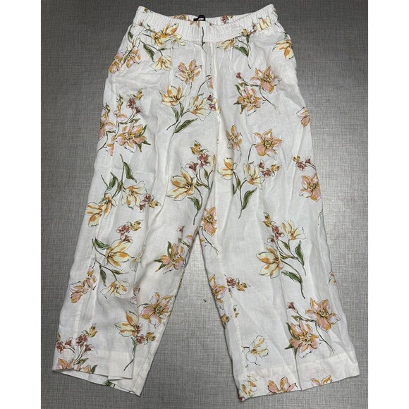 RACHEL Rachel Roy Pants - Rachel Roy Linen Pants Womens L Ivory Floral Wide Leg Elastic‎ Waist